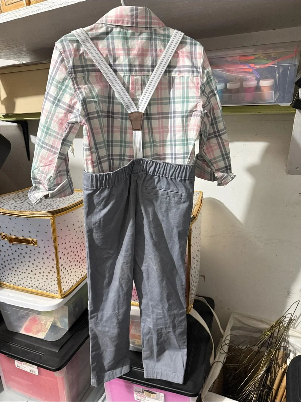 Boys Plaid Button-Up Shirt with Gray Suspender Pants